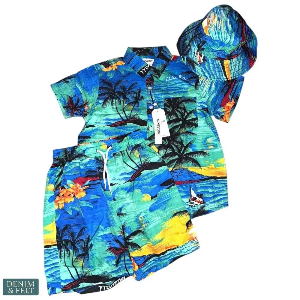 Tunevuse Boys Hawaiian 3pc‎ Cabana Set Shirt Shorts Hat Blue Hawaii Print NEW